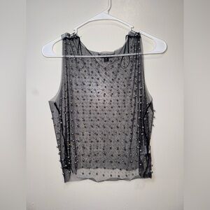 Black Sheer Mesh Top with Pearls and Rhinestones